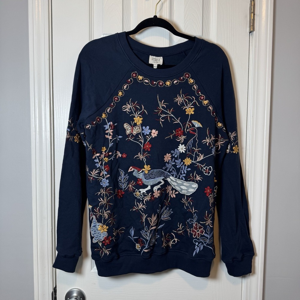 NWT HEMANT & NANDITA Navy Embellished Embroidered Sweatshirt Sweater Medium